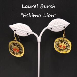 Laurel Burch Eskimo Lion Earrings Red Face Black Mane Gold Cloisonné 1980s